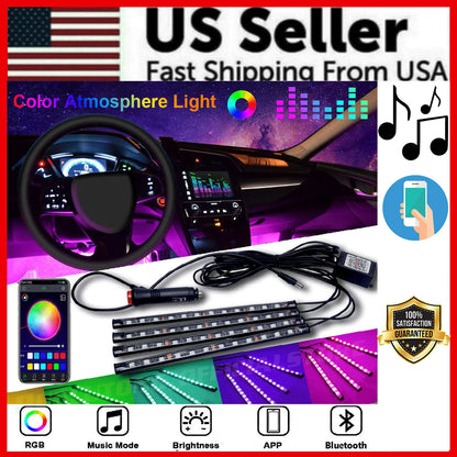 4X 48LED RGB Car Interior Atmosphere Light Strip Bar Bluetooth APP Music Control