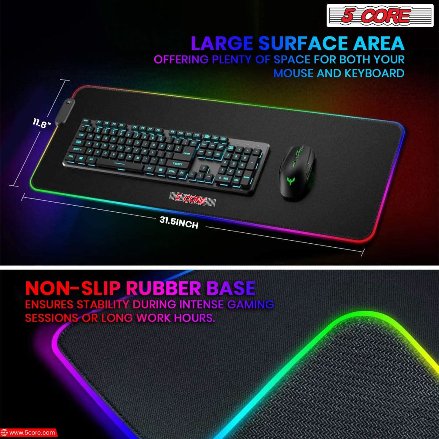 5Core RGB Mouse Pad 12 Light Modes Soft Padded Large Gaming Keyboard Mouse Mat