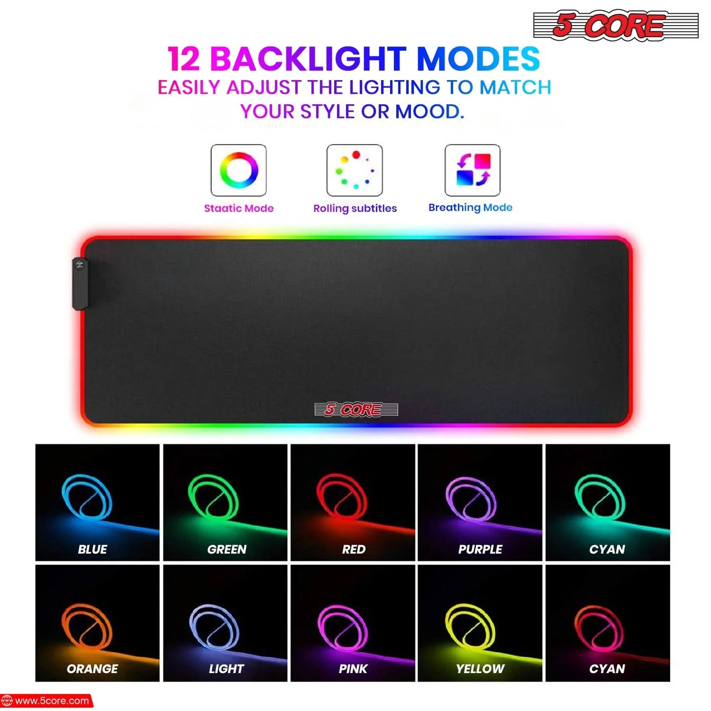 5Core RGB Mouse Pad 12 Light Modes Soft Padded Large Gaming Keyboard Mouse Mat