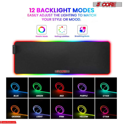 5Core RGB Mouse Pad 12 Light Modes Soft Padded Large Gaming Keyboard Mouse Mat