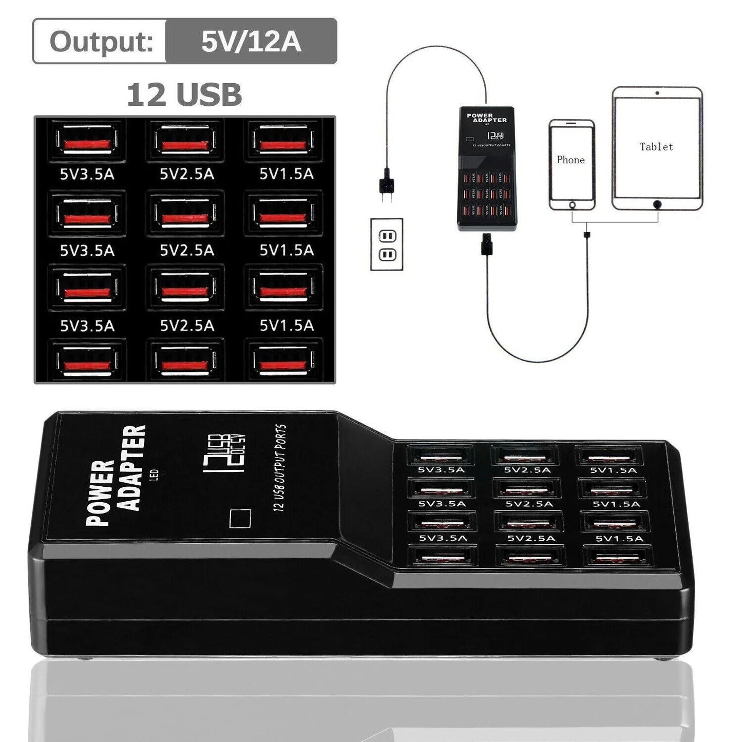 Multi 12 Port USB Charging Station Hub Desktop Wall Cell Phone Charger Organizer